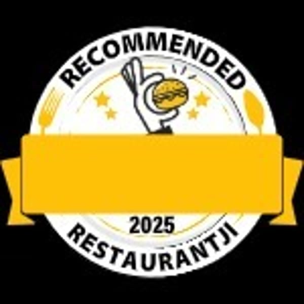 A gold and white badge with a hand holding a burger, stars, and the text 'Recommended Restaurantji 2025'.