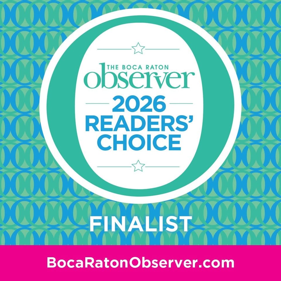 Graphic announcing The Boca Raton Observer’s 2026 Readers’ Choice finalist recognition, with patterned teal background and website address.