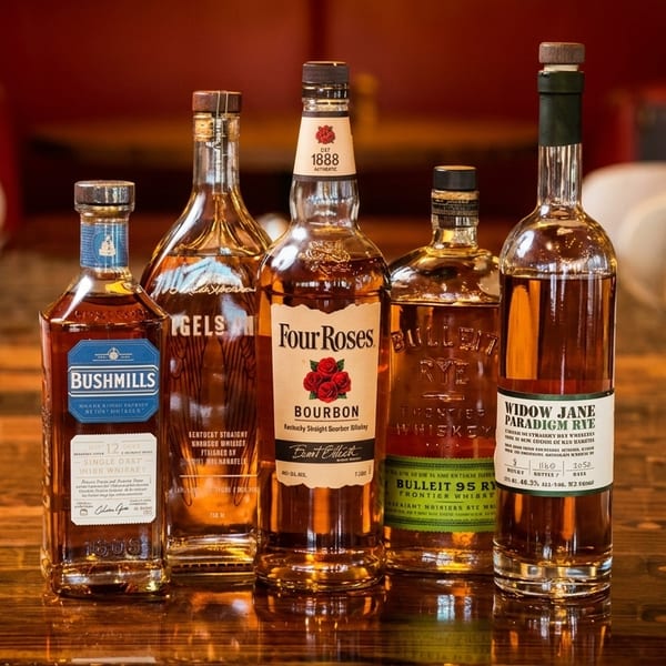 Five bottles of whiskey and bourbon, including Bushmills and Four Roses, on a wooden bar.