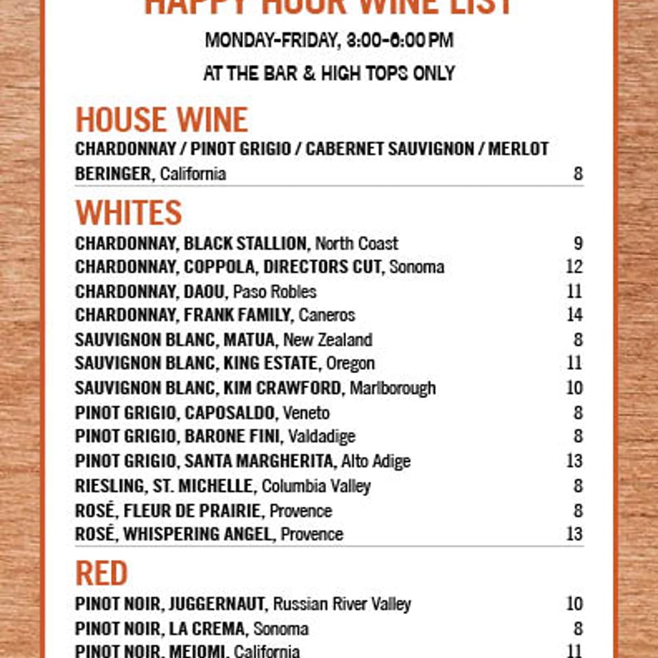 Happy Hour Wine List