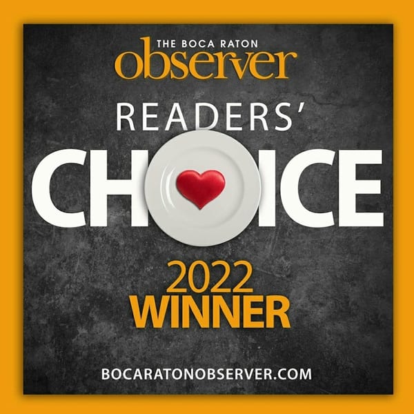 The Boca Raton Observer Readers' Choice 2022 Winner award graphic with a red heart on a plate.