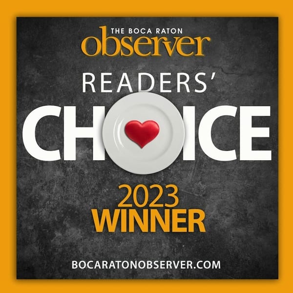 The Boca Raton Observer Readers' Choice 2023 Winner award graphic with a red heart on a plate.