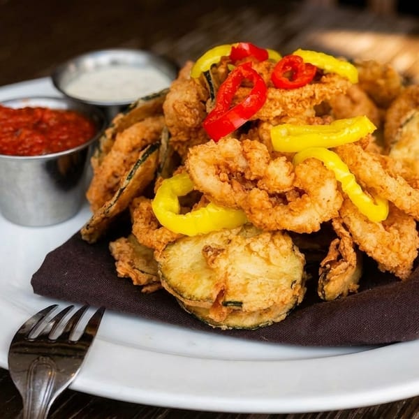 Crispy fried calamari and zucchini with red and yellow peppers, served with two dipping sauces.