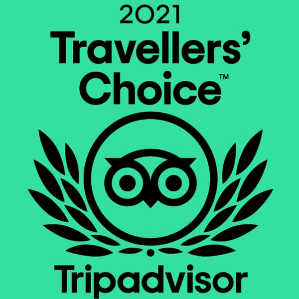 Tripadvisor 2021 Travellers' Choice award logo on a green background.