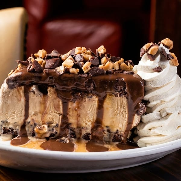 Large slice of ice cream cake with chocolate drizzle, nuts, and whipped cream on a white plate.