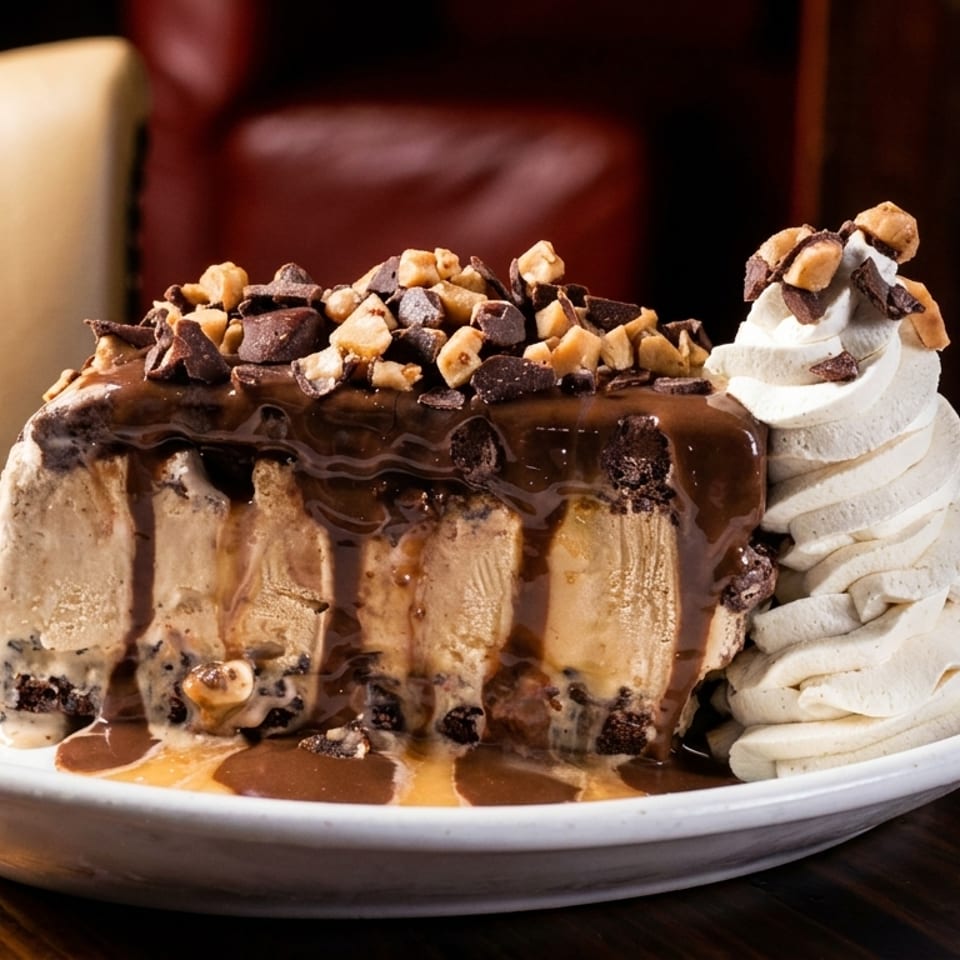 Large slice of ice cream cake with chocolate drizzle, nuts, and whipped cream on a white plate.