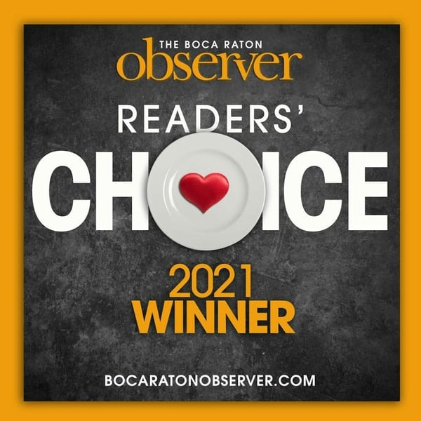 The Boca Raton Observer Readers' Choice 2021 Winner graphic with a plate and red heart.