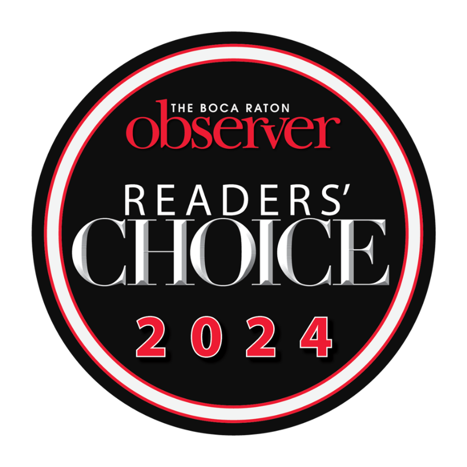 Circular black, white, and red badge reading “The Boca Raton Observer Readers’ Choice 2024.”